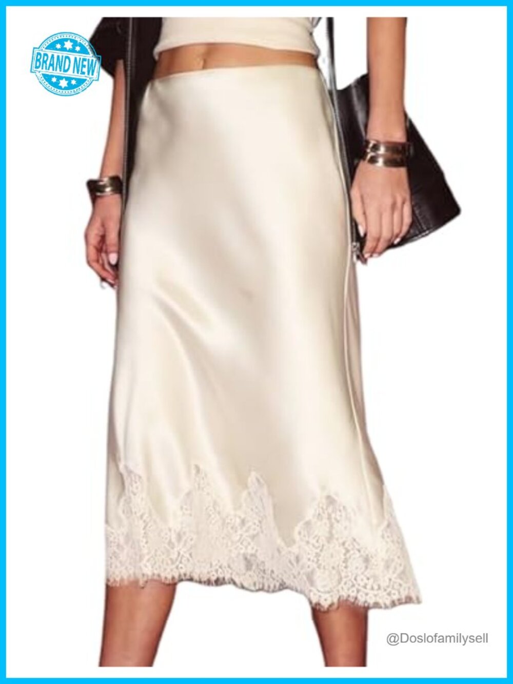 Satin Midi Skirt with Lace Trim Flowy A-Line Elastic Waist